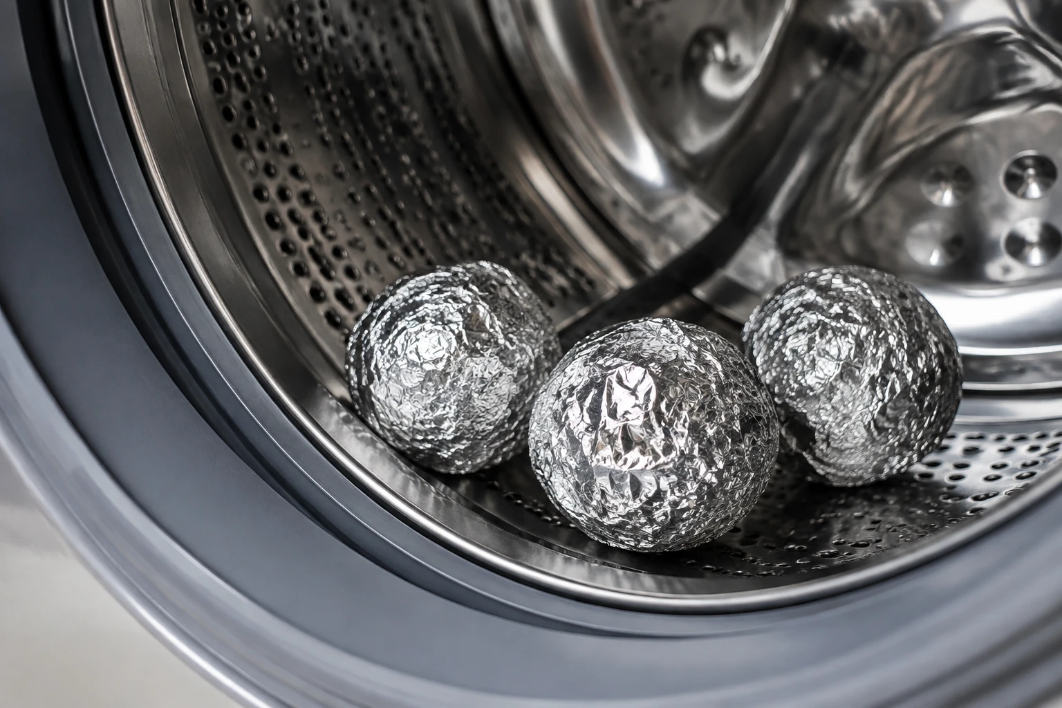 Trois boules de papier aluminium posées dans le tambour d'une machine à laver