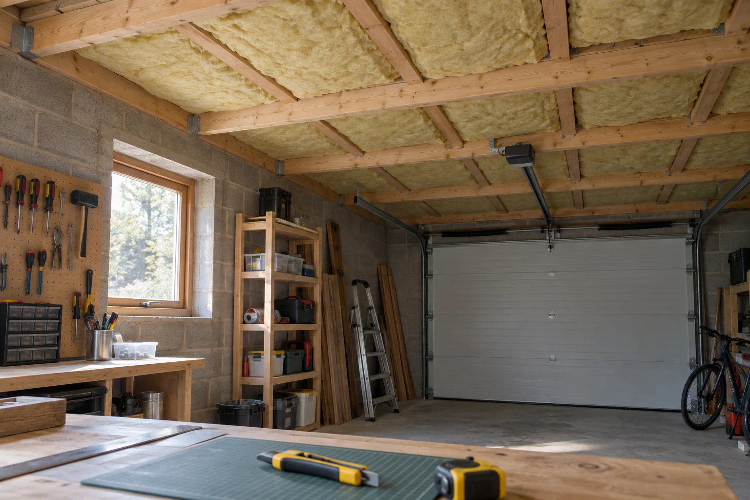 Panneaux de laine de roche posés entre les solives d'un plafond de garage en cours d'isolation