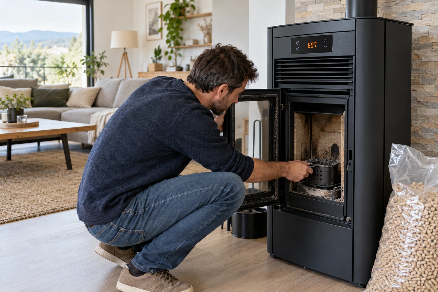 Homme inspectant le creuset d'un poêle à granulés dont l'écran affiche un code d'alarme