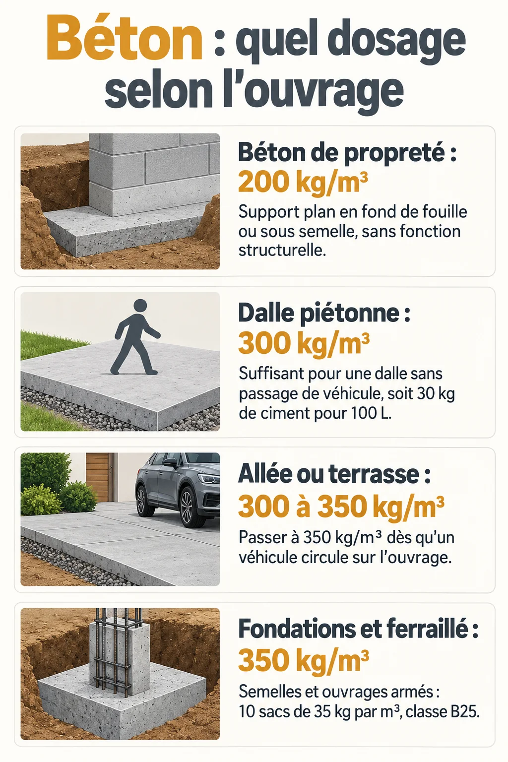 Béton : quel dosage selon l'ouvrage : Béton de propreté : 200 kg/m³, Dalle piétonne : 300 kg/m³, Allée ou terrasse : 300 à 350 kg/m³, Fondations et ferraillé : 350 kg/m³